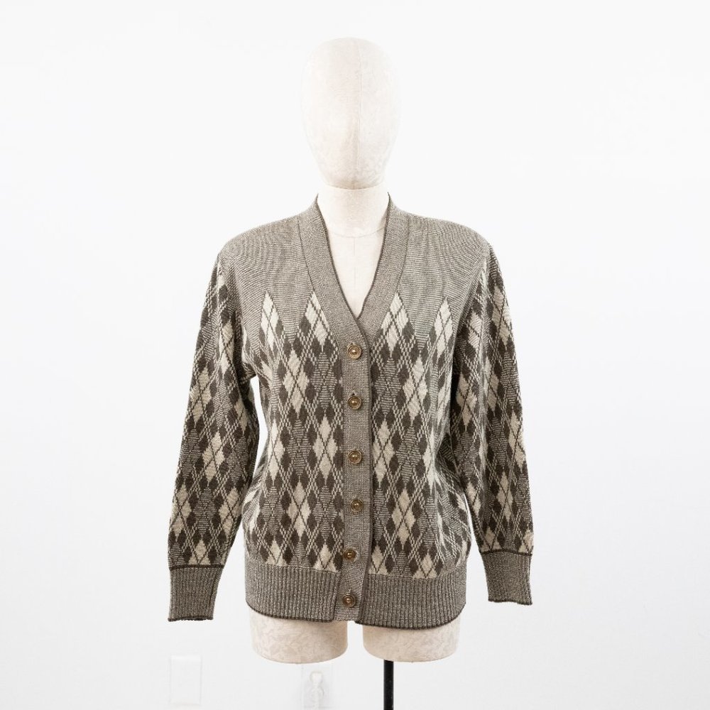 Vintage 80s M Argyle Plaid Print Sweater Brown - Picture 10 of 10